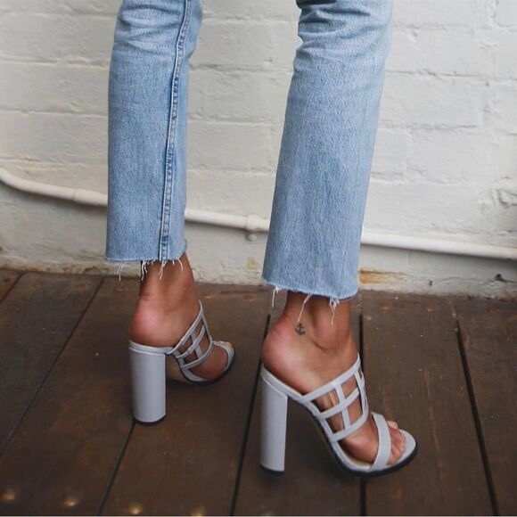 Mode Collective Lily White Grey Nappa Leather Caged Block Heeled Slip On Sandals - Picture 3 of 14